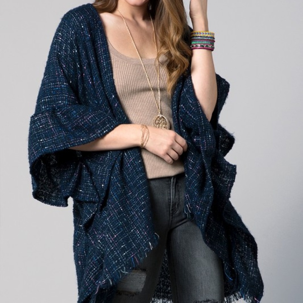 Carissa Navy Metallic Tweed Ruffle Kimono Top - Picture 6 of 7